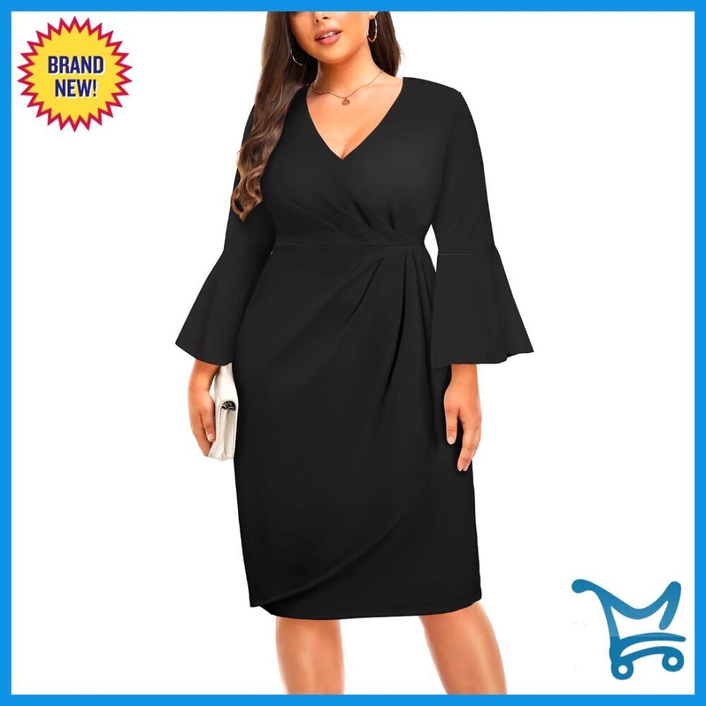 Plus Size Work Dress Elegant Bell Sleeve V Neck Pencil Office Wedding Guest